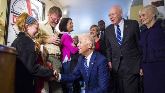 Vice -President Joe Biden greets diners at the Penny Cluse Cafe in Burlington before participating in a Cancer Moonshot Roundtable at the University of Vermont on Friday, October 21, 2016.