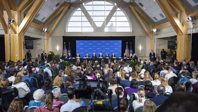 Vice -President Joe Biden speaks at a Cancer Moonshot Roundtable at the University of Vermont in Burlington on Friday, October 21, 2016.