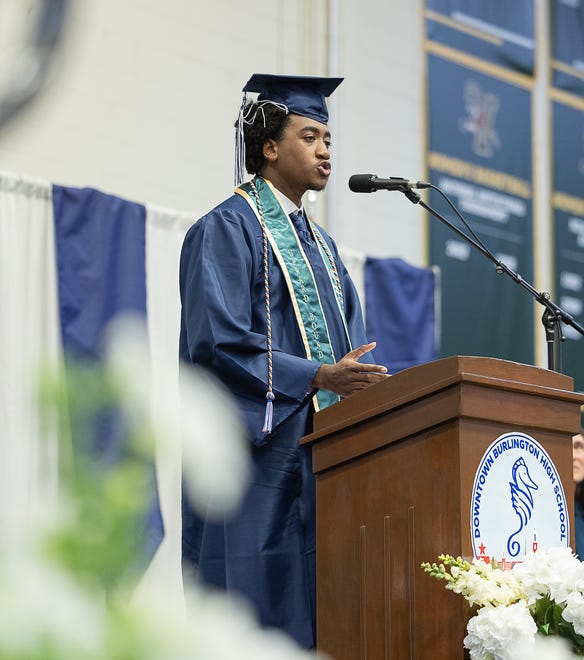 Henry Townwini gives his speach as class speaker during graduation ceremonies for Burlington High School on Thursday, June 13, 2024, at University of Vermont Patrick Gymnasium in Burlington.