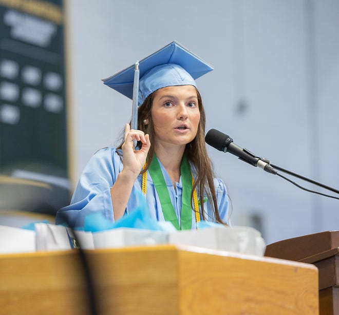 Jordan Larose gives the senior scholar message during graduation ceremonies for South Burlington High School on Friday, June 14, 2024, at University of Vermont's Patrick Gymnasium in Burlington.