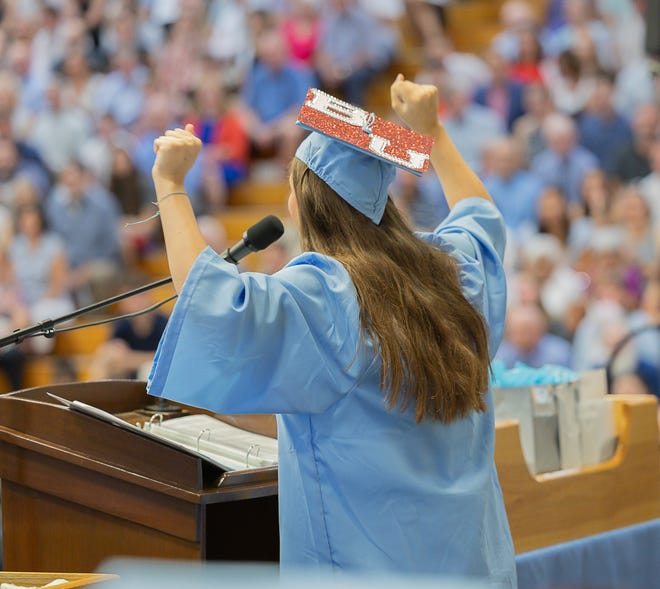 Jordon Larose gives the senior scholar message during graduation ceremonies for South Burlington High School on Friday, June 14, 2024, at University of Vermont's Patrick Gymnasium in Burlington.