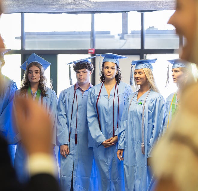 Seniors wait to walk in before the beginning of graduation ceremonies for South Burlington High School on Friday, June 14, 2024, at University of Vermont's Patrick Gymnasium in Burlington.