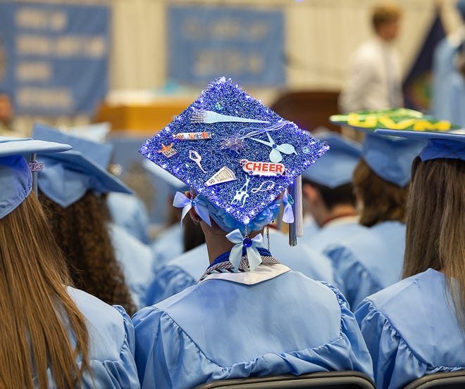 A graduation cap worn by one of the senior's during graduation ceremonies for South Burlington High School on Friday, June 14, 2024, at University of Vermont's Patrick Gymnasium in Burlington.