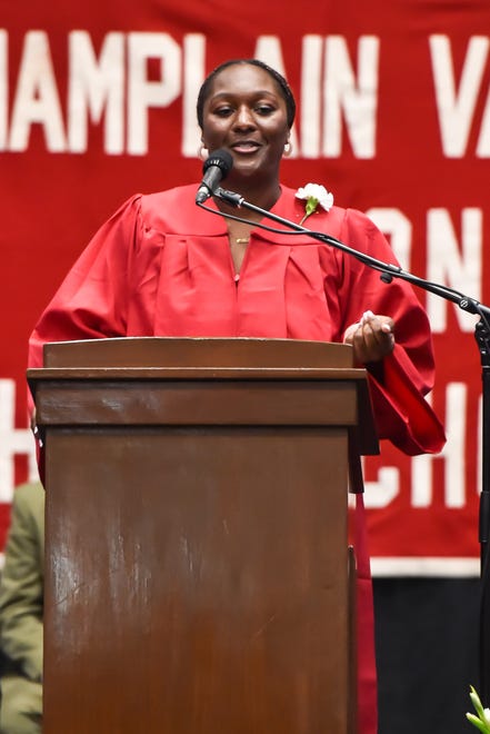 Clare Stackpole-McGrath delivers farewell remarks at the 60th Commencement Exercise of the Champlain Valley Union High School on Friday, June 14, 2204, at UVM's Patrick Gym in Burlington.