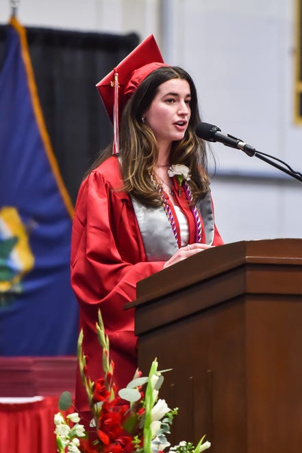 Kennedy Desautels welcomes friends and family to the 60th Commencement Exercise of the Champlain Valley Union High School on Friday, June 14, 2024, at UVM's Patrick Gym in Burlington.