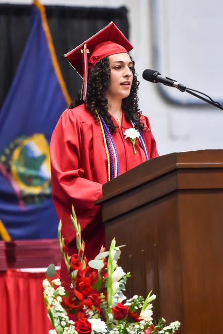 Nisha Hickok is one of the senior speakers at the 60th Commencement Exercise of the Champlain Valley Union High School on Friday, June 14, 2024, at UVM's Patrick Gym in Burlington.