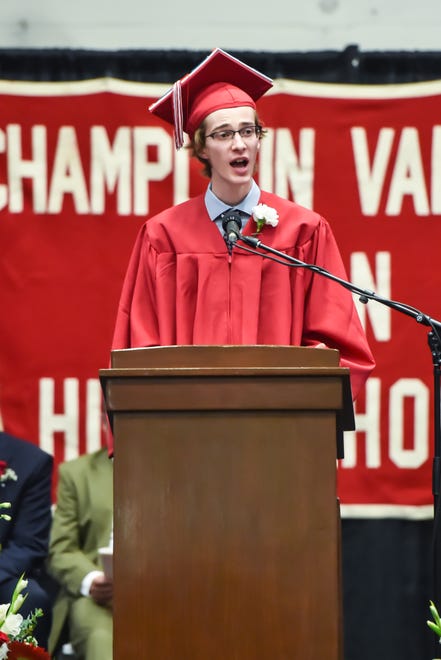 George Fidler is one of the senior speakers at the 60th Commencement Exercise of the Champlain Valley Union High School on Friday, June 14, 2024, at UVM's Patrick Gym in Burlington.