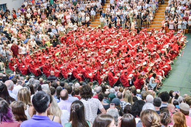 The class of 2024 is all assembled at the 60th Commencement Exercise of the Champlain Valley Union High School on Friday, June 14, 2024, at UVM's Patrick Gym in Burlington.