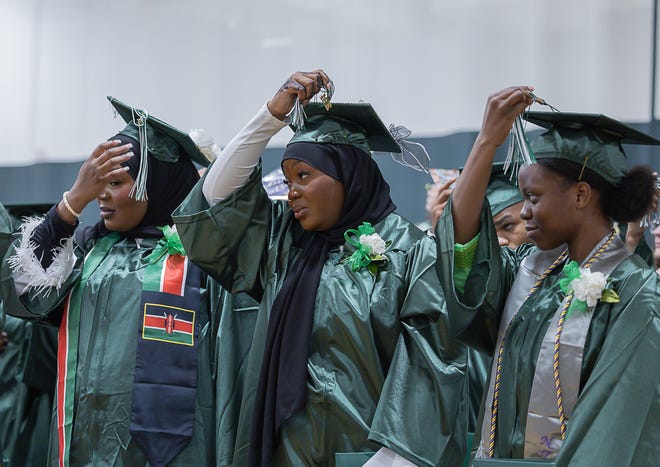 Graduates turn their tassels during graduation ceremonies for Winooski High School on Saturday, June 15, 2024, at Winooski High School in Winooski.