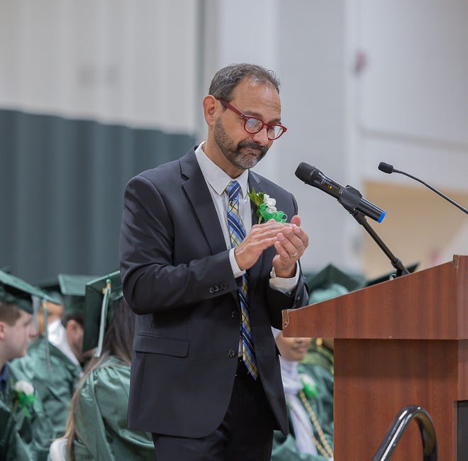 Co-Principal Jean Berthiaume introduces the class address speaker during graduation ceremonies for Winooski High School on Saturday, June 15, 2024, at Winooski High School in Winooski.