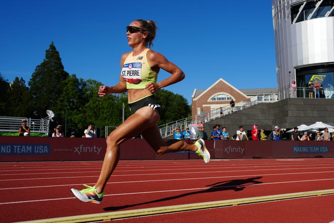 Elle St. Pierre wins women's 5,000m heat in 15:13.82 during the US Olympic Team Trials at Hayward Field.