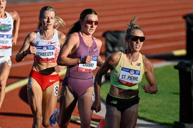 Elise Cranny (center), Karissa Schweizer (left) and Elle St. Pierre battle for the lead in the women’s 5000m final at the US Olympic Track and Field Team Trials.