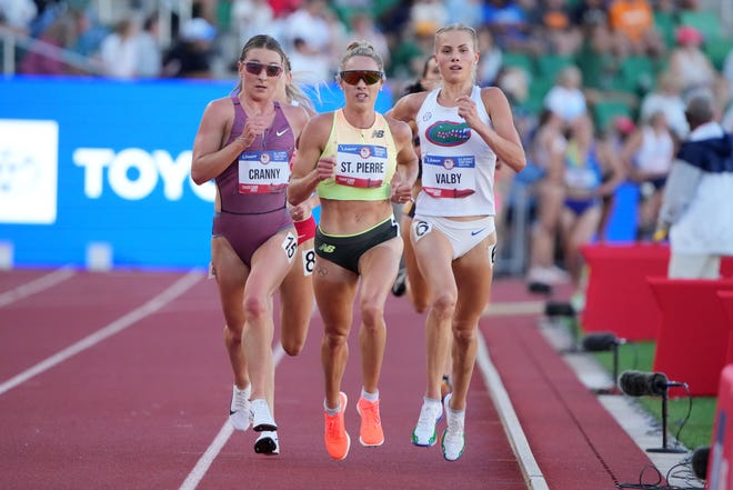 Elle St. Pierre defeats Elise Cranny and Parker Valby to win the women's 5,000m in a meet record 14:40.34 during the US Olympic Team Trials at Hayward Field.