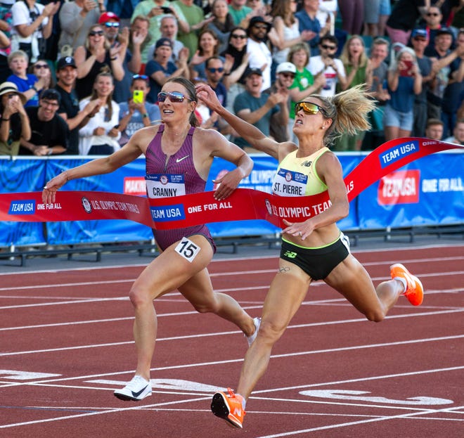 Elle St. Pierre, right, edges out Elise Cranny for gold in the womenâ€™s 5,000 meters during day four of the U.S. Olympic Track & Field Trials Monday, June 24, 2024, at Hayward Field in Eugene.