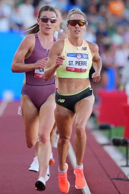 Jun 24, 2024; Eugene, OR, USA; Elle St. Pierre defeats Elise Cranny to win the women's 5,000m in a meet record 14:40.34 to 14:40.36 during the US Olympic Team Trials at Hayward Field. Mandatory Credit: Kirby Lee-USA TODAY Sports