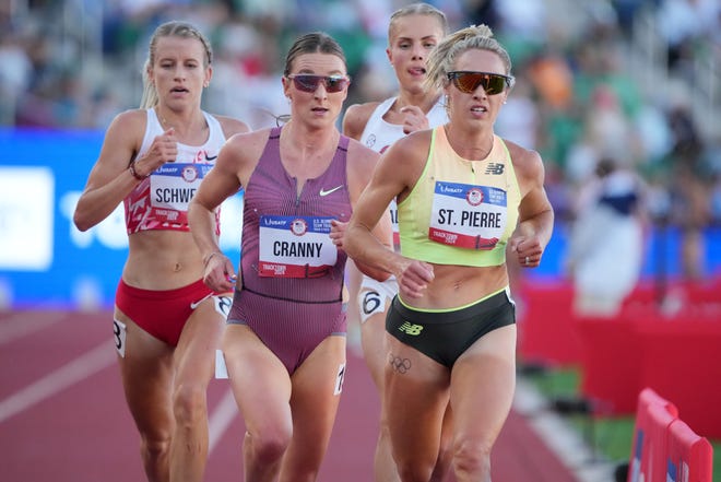 Elle St. Pierre defeats Elise Cranny and Karissa Schweizer to win the women's 5,000m in a meet record 14:40.34 during the US Olympic Team Trials at Hayward Field. Mandatory Credit: Kirby Lee-USA TODAY Sports