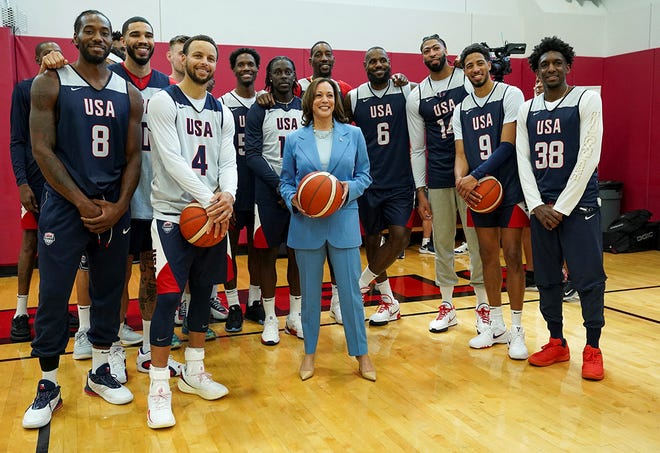 U.S. Vice President Kamala Harris poses for a group picture with the U.S. men’s Olympic basketball team, in Las Vegas, Nevada, on July 9, 2024.