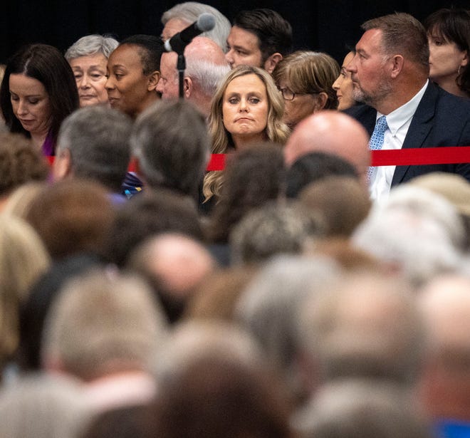 Jennifer McCormick, Democrat nominee for governor, waits while attorney general candidates are announced Saturday, July 13, 2024, during the Indiana Democratic State Convention in Indianapolis.