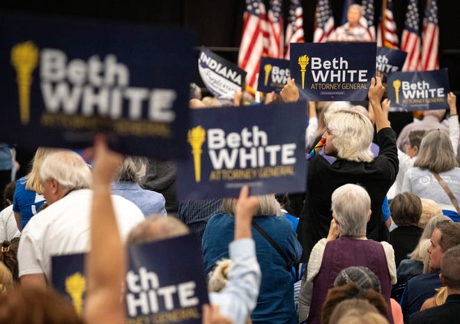 Beth White supporters cheers before she enters the stage Saturday, July 13, 2024, during the Indiana Democratic State Convention in Indianapolis.