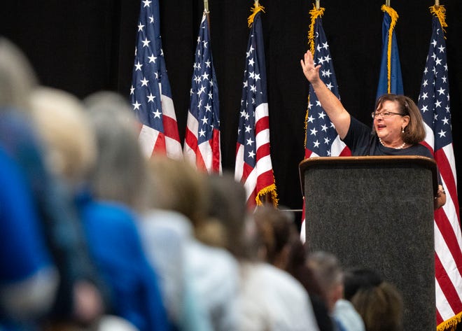 Beth White, candidate for attorney general, makes her case to the delegates Saturday, July 13, 2024, during the Indiana Democratic State Convention in Indianapolis.