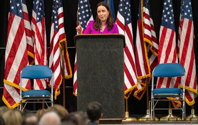 Destiny Wells, candidate for attorney general, makes her case to the delegates Saturday, July 13, 2024, during the Indiana Democratic State Convention in Indianapolis.