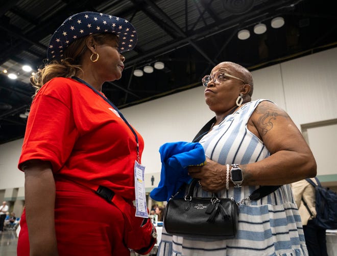 Dorris Minton McNeal, left, talks with Vanessa Summers Saturday, July 13, 2024, before the Indiana Democratic State Convention in Indianapolis.