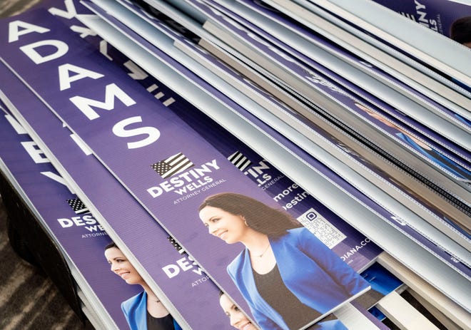 Sines showing support for Destiny Wells, candidate for attorney general, are handed out to delegates Saturday, July 13, 2024, during the Indiana Democratic State Convention in Indianapolis.