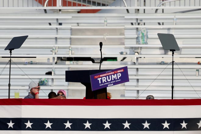 The stage is pictured after multiple shots rang out and Republican presidential candidate and former President Donald Trump was rushed off stage during a campaign rally at the Butler Farm Show in Butler, Penn., on July 13, 2024.