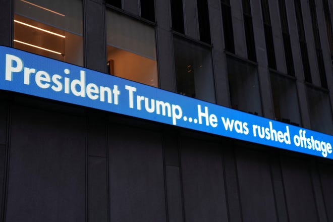 A screen is pictured at Fox headquarters in New York after former President and presidential candidate Donald Trump was injured when shots were fired during a campaign rally held in Butler, Pennsylvania, on July 13, 2024.