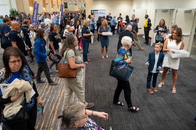 Delegates enter the convention space Saturday, July 13, 2024, during the Indiana Democratic State Convention in Indianapolis.