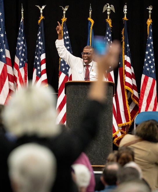 Dana Black rallies the delegates by explaining what this election cycle could have in store based on who is elected into office Saturday, July 13, 2024, during the Indiana Democratic State Convention in Indianapolis.