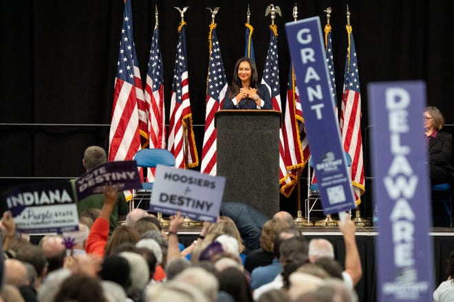 Andrea Hunley nominates Destiny Wells for attorney general on Saturday, July 13, 2024, during the Indiana Democratic State Convention in Indianapolis.