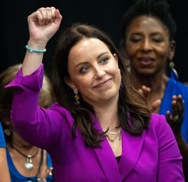 Destiny Wells celebrates after being named the Democrat nominee for attorney general on Saturday, July 13, 2024, during the Indiana Democratic State Convention in Indianapolis.