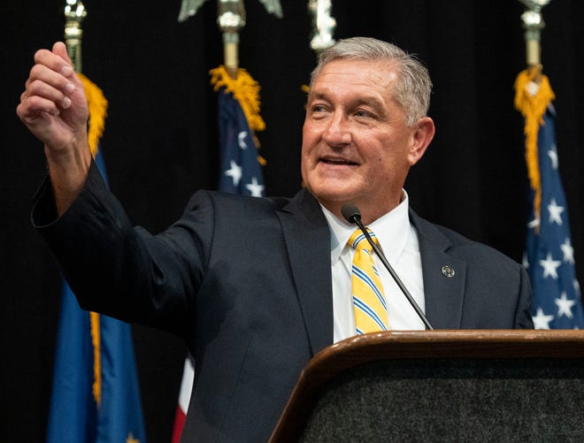 Terry Goodin gives an acceptance speech after receiving the Democratic nomination for lieutenant governor on Saturday, July 13, 2024, during the Indiana Democratic State Convention in Indianapolis.