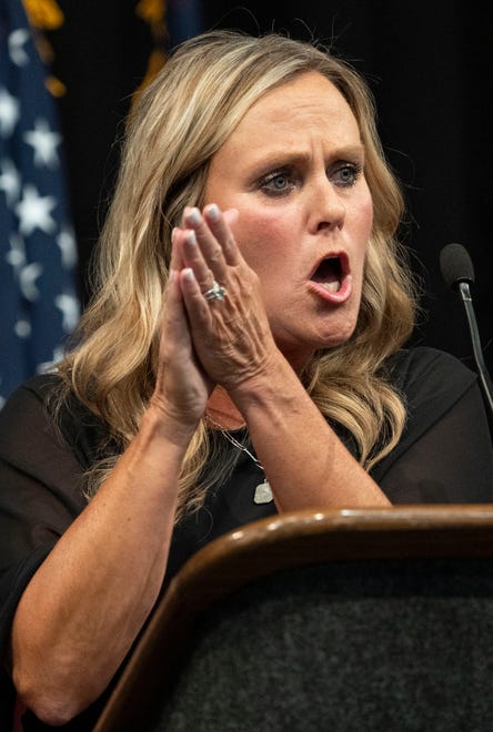 Jennifer McCormick, Democrat nominee for governor, celebrates the lieutenant governor and attorney general nominees on Saturday, July 13, 2024, during the Indiana Democratic State Convention in Indianapolis.