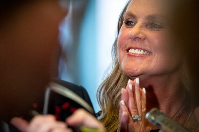 Jennifer McCormick, Democrat nominee for governor, is interviewed Saturday, July 13, 2024, after the Indiana Democratic State Convention in Indianapolis.