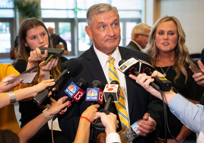 Terry Goodin, the Democratic nominee for lieutenant governor, and Jennifer McCormick, the Democratic nominee for governor, are interviewed on Saturday, July 13, 2024, after the Indiana Democratic State Convention in Indianapolis.