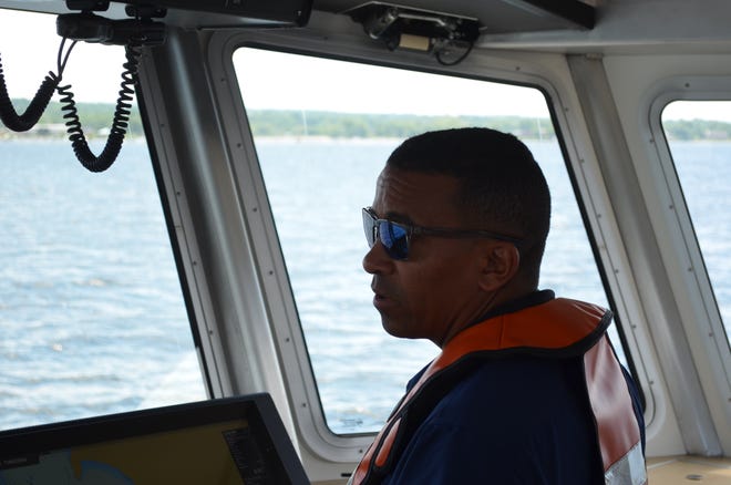 Captain Taylor Resnick directs the Marcelle Melosira research and teaching vessel back into the dock at the Burlington waterfront July 19, 2024.