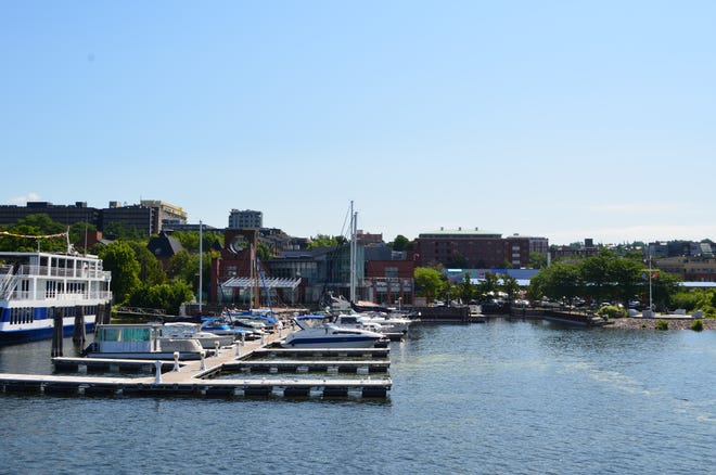 A view of the Spirit of the Ethan Allen, the ECHO Center and the docks from atop the Marcelle Melosira, a UVM research vessel, July 18, 2024.