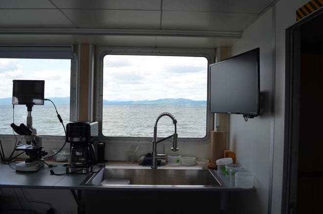 A sink and other research equipment sit inside the classroom on the Marcelle Melosira, UVM's research vessel, July 18, 2024.