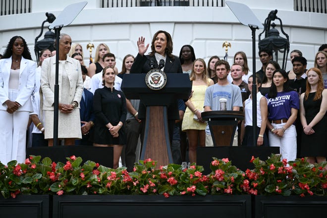 Vice President Kamala Harris speaks during an event honoring National Collegiate Athletic Association (NCAA) championship teams from the 2023-2024 season, on the South Lawn of the White House in Washington, DC on July 22, 2024.