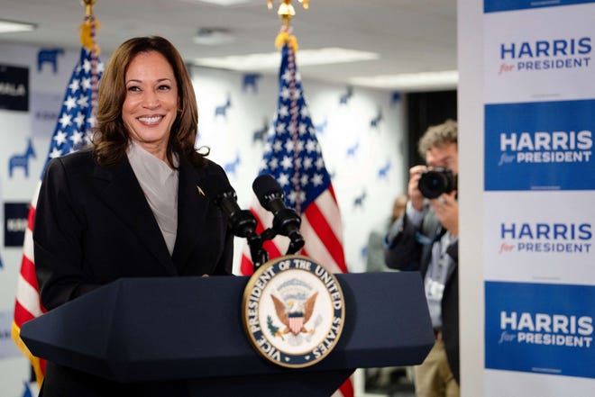 Vice President and Democratic presidential candidate Kamala Harris speaks at her campaign headquarters in Wilmington, Del., on July 22, 2024. Harris on Monday compared her election rival Donald Trump to "predators" and "cheaters," as she attacked the first former President to be convicted of a crime.