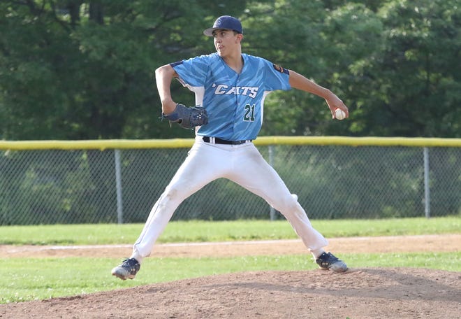 Abbot Terkel fires a pitch to the plate during the South Burlington Wildcats 3-2 win over St Johnsbury Post 58 on Tuesday night at Veterans Memorial Park in South Burlington.