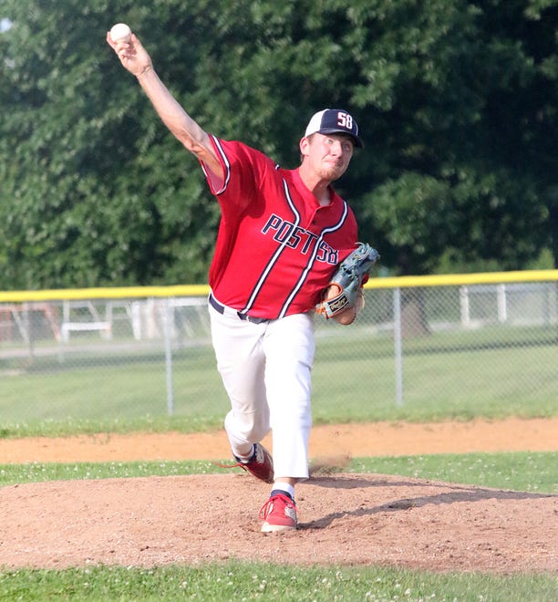 Starting pitcher Tate Parker fires the ball to the plate during St Johnsbury Post 58's 3-2 loss to the South Burlington Wildcats on Tuesday night at Veterans Memorial Park in South Burlington.