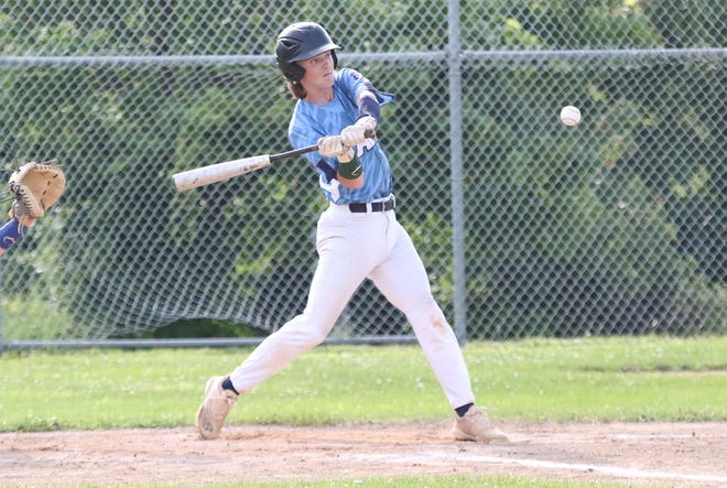 Quinn Kaiden swings at a pitch during the South Burlington Wildcats 3-2 win over St Johnsbury Post 58 on Tuesday night at Veterans Memorial Park in South Burlington.