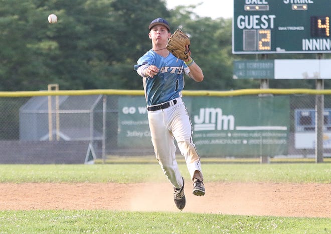 Shortstop Liam O'Connor fires the ball to 1st during the South Burlington Wildcats 3-2 win over St Johnsbury Post 58 on Tuesday night at Veterans Memorial Park in South Burlington.