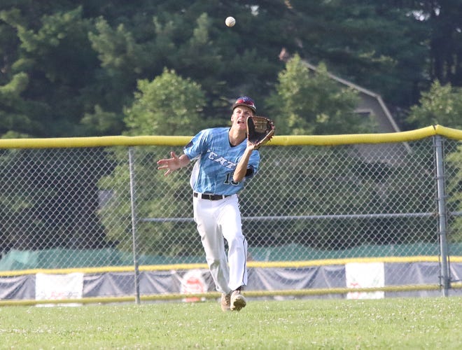 Bennett Campbell tracks down a fly ball during the South Burlington Wildcats 3-2 win over St Johnsbury Post 58 on Tuesday night at Veterans Memorial Park in South Burlington.