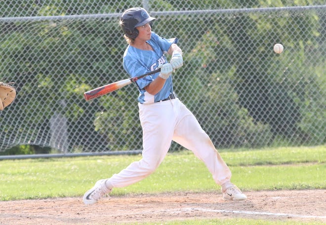 Liam Wheeler keeps his eyes on a pitch during the South Burlington Wildcats 3-2 win over St Johnsbury Post 58 on Tuesday night at Veterans Memorial Park in South Burlington.