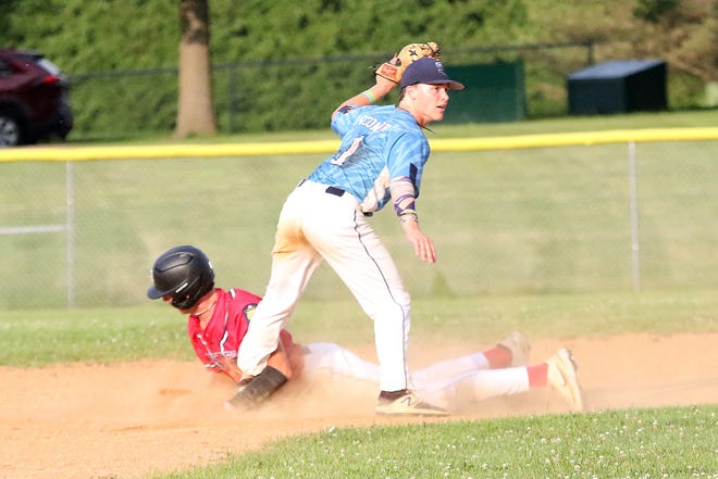 Liam O'Connor looks to the umpire for the call during the South Burlington Wildcats 3-2 win over St Johnsbury Post 58 on Tuesday night at Veterans Memorial Park in South Burlington.