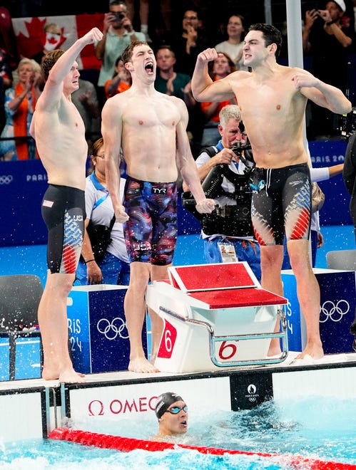 Chris Guliano (USA), Hunter Armstrong (USA), Jack Alexy and Caeleb Dressel in the men’s 4 x 100-meter freestyle relay final during the Paris 2024 Olympic Summer Games at Paris La Défense Arena.